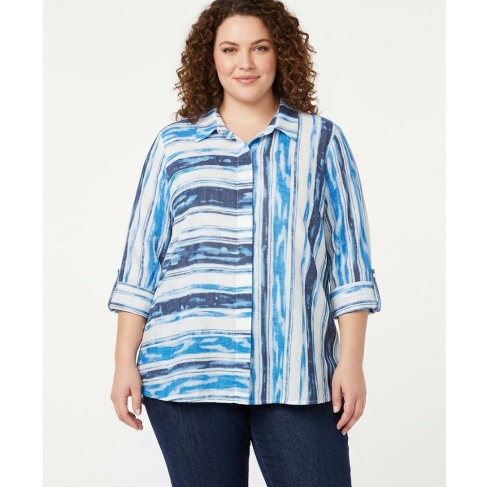 Cocomo size XL Blue Gray Striped Soft Flowy Rolled Tab Button Down Office